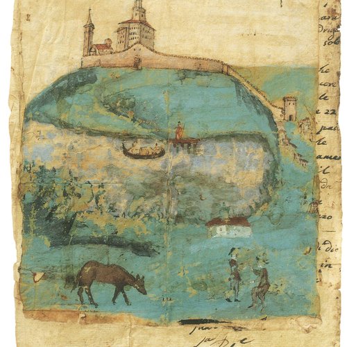 Veduta del Castello dal lato di piazza I Maggio in un disegno del XV secolo, Udine, Biblioteca Civica