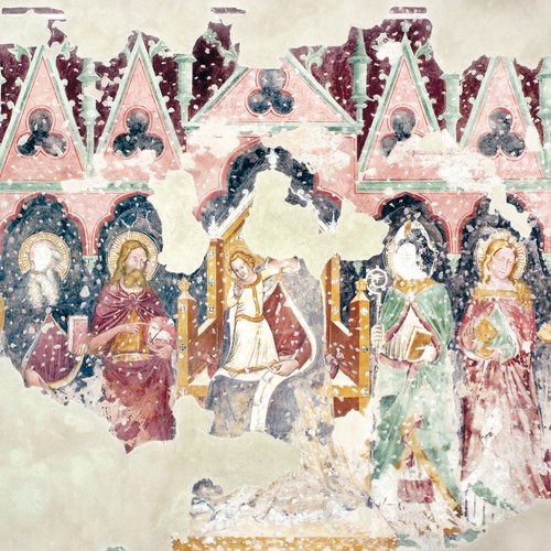 Madonna in trono con Bambino tra S. Caterina, S. Antonio abate, S. Giovanni Battista, S. Vescovo, S. Maria Maddalena, S. Elena, sec. XIV, Udine, chiesa di S. Antonio abate