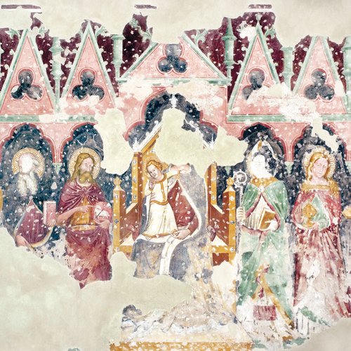 Madonna in trono con Bambino tra S. Caterina, S. Antonio abate, S. Giovanni Battista, S. Vescovo, S. Maria Maddalena, S. Elena, sec. XIV, Udine, chiesa di S. Antonio abate