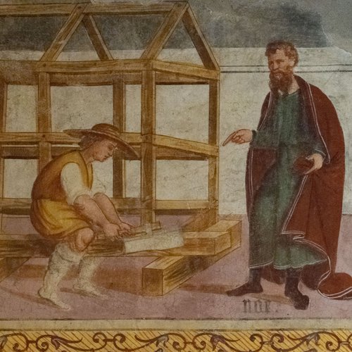 Storie di Noè, Costruzione dell’arca, affresco sec. XVI, chiesa di Sant'Andrea Apostolo, Gris
