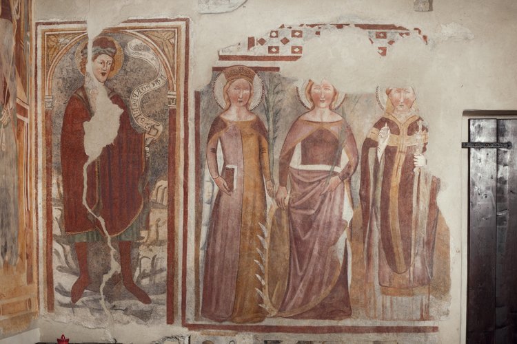 "Maestro di Versutta", Santa Caterina d'Alessandria, santa martire e santo vescovo, ca. 1355-1360