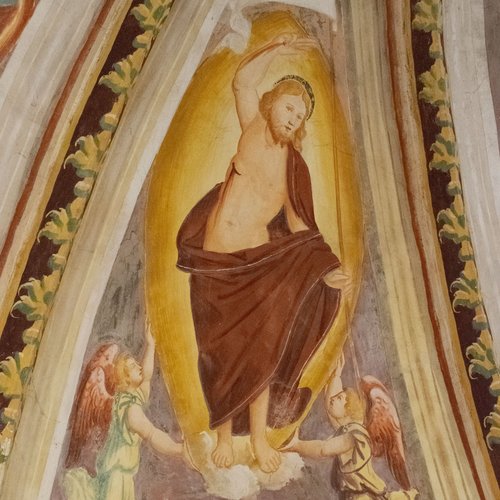 Volta del coro, Cristo risorto, affresco sec XVI, chiesa di Sant'Andrea Apostolo, Gris