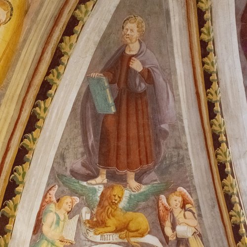 Volta del coro, Evangelisti, San Marco, affresco sec XVI, chiesa di Sant'Andrea Apostolo, Gris