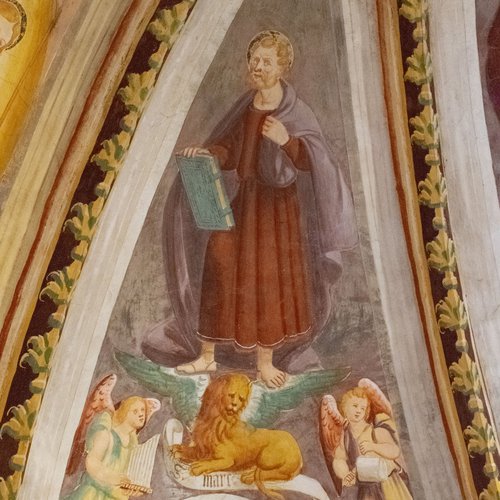 Volta del coro, Evangelisti, San Marco, affresco sec XVI, chiesa di Sant'Andrea Apostolo, Gris