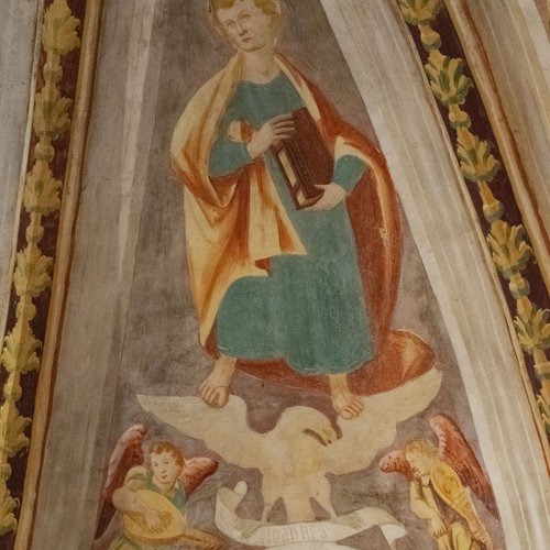 Volta del coro, Evangelisti, San Giovanni, affresco sec XVI, chiesa di Sant'Andrea Apostolo, Gris