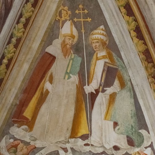 Volta del coro, Padri della Chiesa Occidentale, Gregorio e Agostino, affresco sec XVI, chiesa di Sant'Andrea Apostolo, Gris
