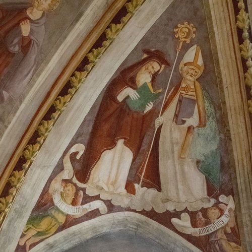 Volta del coro, Padri della Chiesa Occidentale, Girolamo e Ambrogio, affresco sec XVI, chiesa di Sant'Andrea Apostolo, Gris