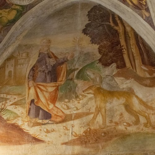 Lunette ogivali del coro, Episodi della vita di Sant'Andrea, Sant'Andrea libera la città di Nicea dai sette spiriti maligni, affresco sec XVI, chiesa di Sant'Andrea Apostolo, Gris