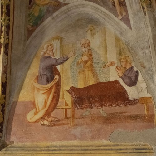 Lunette ogivali del coro, Episodi della vita di Sant'Andrea, Sant'Andrea guarisce il fanciullo, affresco sec XVI, chiesa di Sant'Andrea Apostolo, Gris