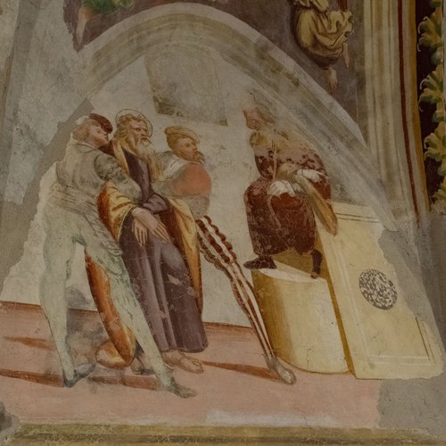 Lunette ogivali del coro, Episodi della vita di Sant'Andrea, Processo di Sant'Andrea, affresco sec XVI, chiesa di Sant'Andrea Apostolo, Gris