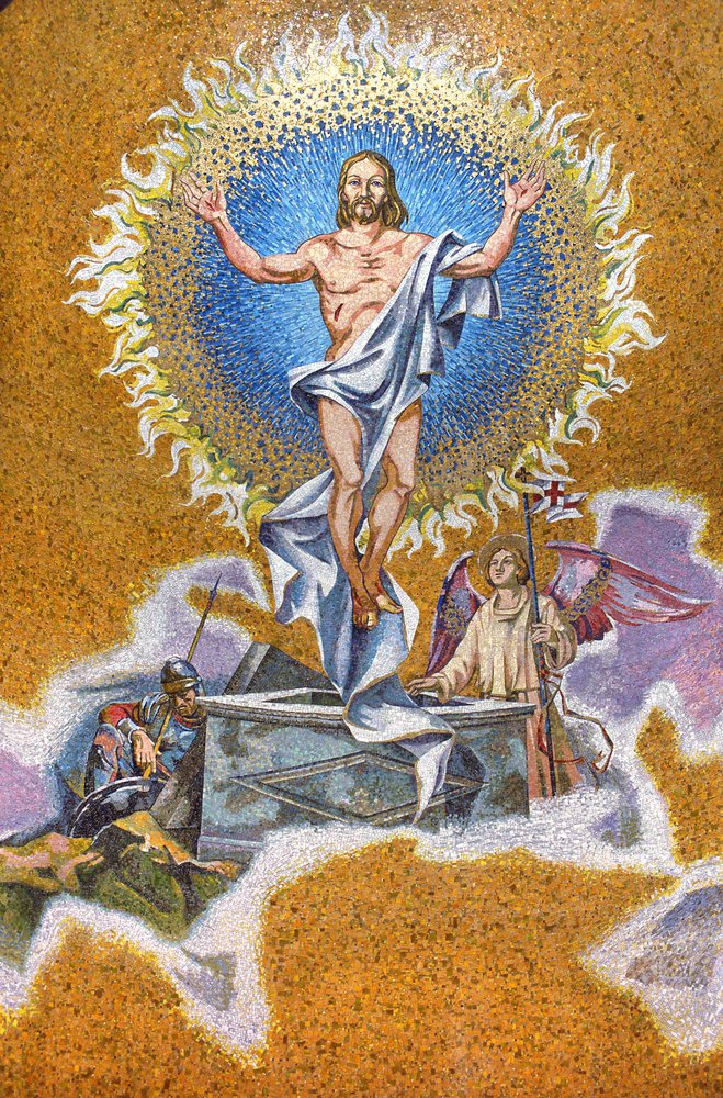F. Pittino, esecutore Scuola Mosaicisti di Spilimbergo, La Resurrezione di Cristo, 1968, mosaico a smalto con tessere dorate