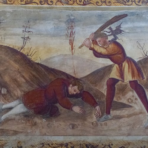 Storie della Genesi, Uccisione di Abele da parte di Caino, affresco sec. XVI, chiesa di Sant'Andrea Apostolo, Gris