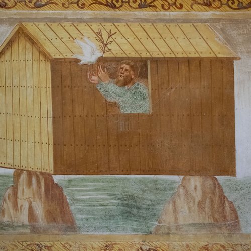 Storie di Noè, Ritorno della colomba nell’arca, affresco sec. XVI, chiesa di Sant'Andrea Apostolo, Gris