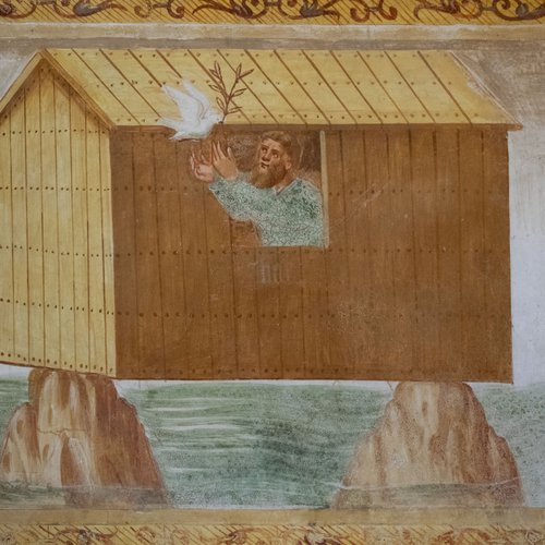 Storie di Noè, Ritorno della colomba nell’arca, affresco sec. XVI, chiesa di Sant'Andrea Apostolo, Gris