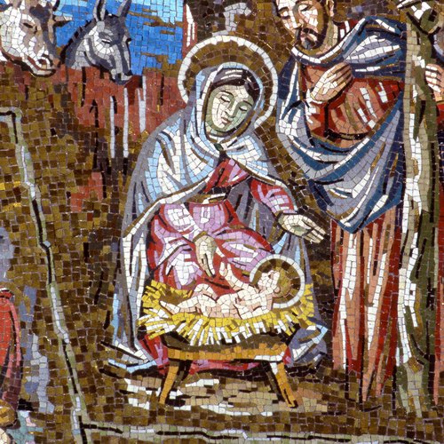 F. Pittino, Altare della Madonna della Divina Provvidenza, 1961-1975, mosaico a smalto e tessere dorate, scene della vita di Maria