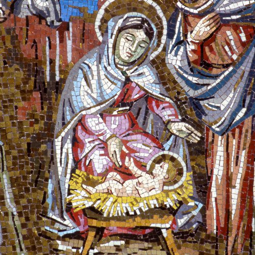 F. Pittino, Altare della Madonna della Divina Provvidenza, 1961-1975, mosaico a smalto e tessere dorate, scene della vita di Maria