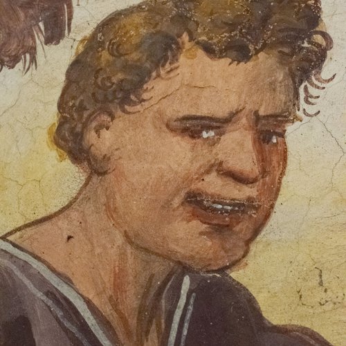 Storie di Noè, Ebbrezza di Noè, particolare, affresco sec. XVI, chiesa di Sant'Andrea Apostolo, Gris