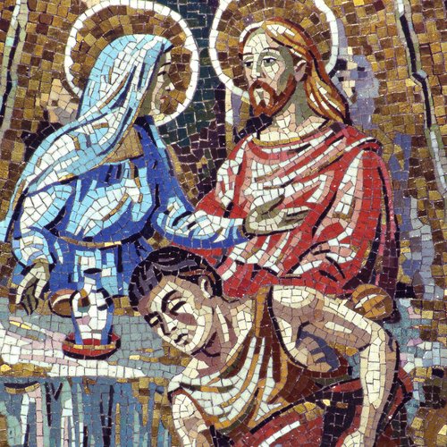 F. Pittino, Altare della Madonna della Divina Provvidenza, 1961-1975, mosaico a smalto e tessere dorate, scene della vita di Maria