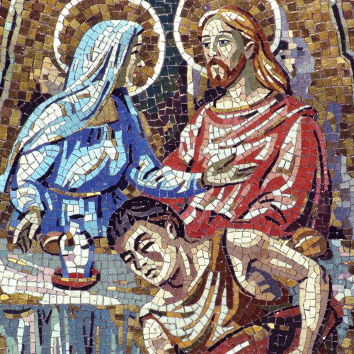 F. Pittino, Altare della Madonna della Divina Provvidenza, 1961-1975, mosaico a smalto e tessere dorate, scene della vita di Maria