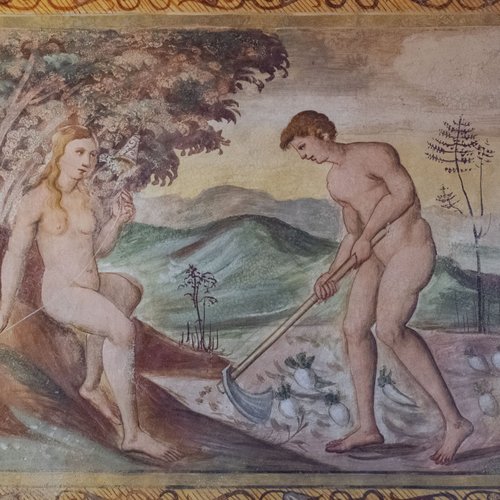 Storie della Genesi, Lavoro dei progenitori, affresco sec. XVI, chiesa di Sant'Andrea Apostolo, Gris