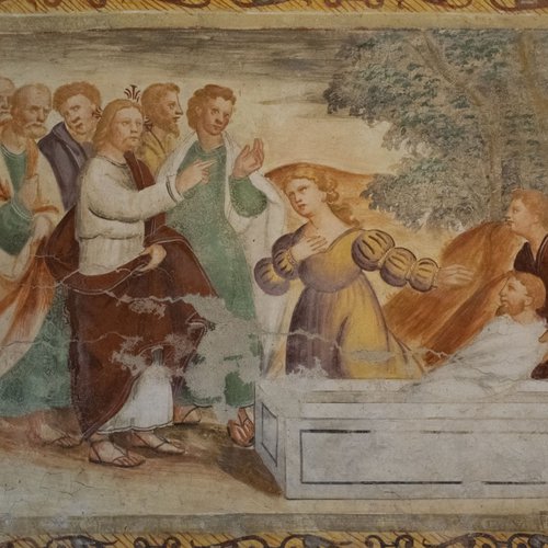 Resurrezione di Lazzaro, affresco sec. XVI, chiesa di Sant'Andrea Apostolo, Gris
