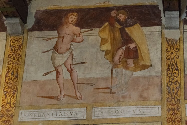 San Sebastiano e San Rocco, affresco sec. XVI, chiesa di Sant'Andrea Apostolo, Gris