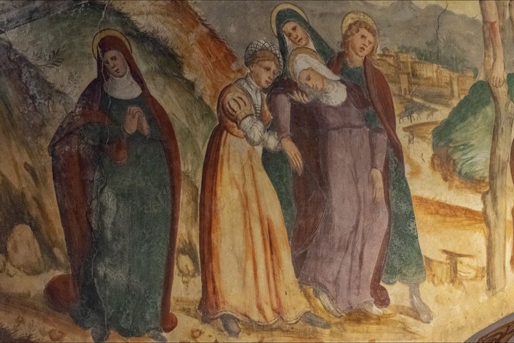 Arco trionfale, crocifissione, particolare con svenimento della Vergine, chiesa di Sant'Andrea Apostolo, Gris