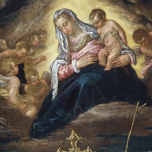 L. Bassano (attr.), La Vergine con il bambino in gloria e i santi Nicolò e Giovanni Battista, prima metà sec. XVII, olio su tela