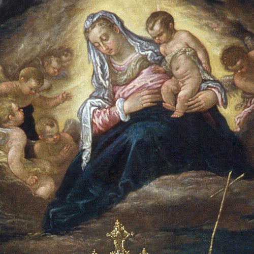 L. Bassano (attr.), La Vergine con il bambino in gloria e i santi Nicolò e Giovanni Battista, prima metà sec. XVII, olio su tela