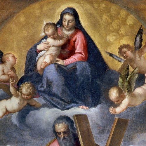 L. Bassano (attr.), La Vergine con il bambino in gloria e i santi Girolamo Andrea e Francesco, prima metà sec. XVII, olio su tela