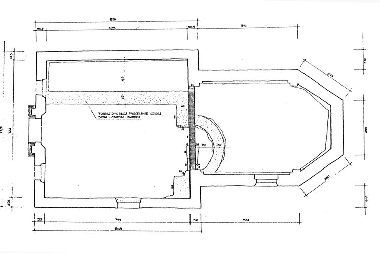 Rilievo dell'oratorio attuale e del preesistente, X - XI sec. (rilievo geografico di De Cecco, "Quaderni casarsesi", 1991)