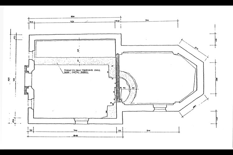 Rilievo dell'oratorio attuale e del preesistente, X - XI sec. (rilievo geografico di De Cecco, "Quaderni casarsesi", 1991)