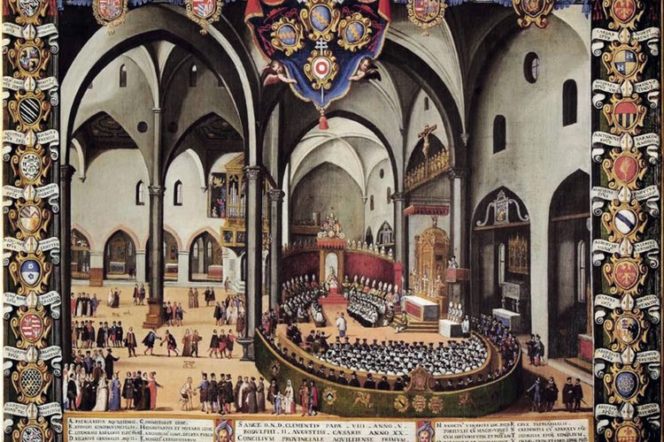 Ludovico Pozzoserrato detto il Toeput, L’interno del duomo di Udine durante il concilio provinciale del 1596, fine sec. XVI.