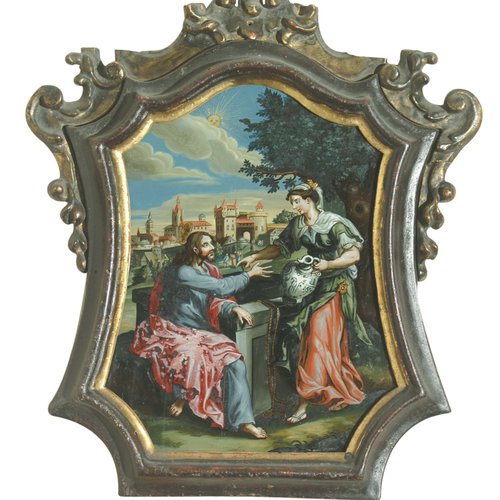 Bottega austriaca, Cristo e la Samaritana al pozzo, vetro dipinto, fine sec. XVIII