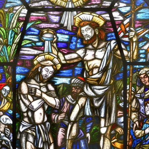 F. Pittino, Il Battesimo di Cristo, particolare, vetrata, 1961