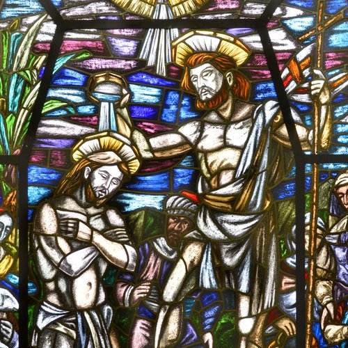 F. Pittino, Il Battesimo di Cristo, particolare, vetrata, 1961