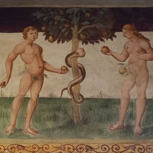 Storie della Genesi, Peccato originale, affresco sec. XVI, chiesa di Sant'Andrea Apostolo, Gris