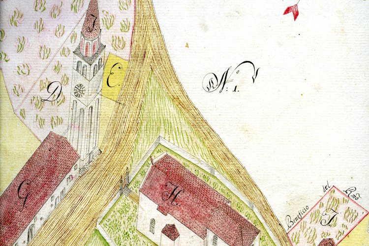 Carlo Peloj, Veduta della chiesa di Bagnarola e adiacenze, Pordenone, Archivio Storico Diocesano, "Catastico dei beni e rendite della veneranda chiesa parrocchiale di Bagnarola e scuole in essa erette", 1800