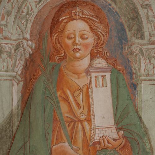 Chiesa di San Leonardo, Gianfrancesco da Tolmezzo, affreschi del sottarco, Santa Barbara, 1496, Provesano