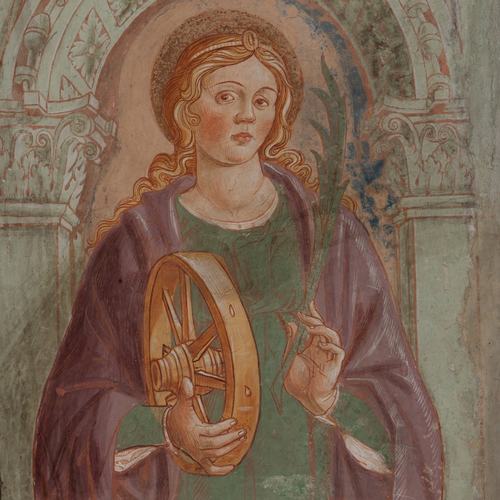 Chiesa di San Leonardo, Gianfrancesco da Tolmezzo, affreschi del sottarco, Santa Caterina, 1496, Provesano