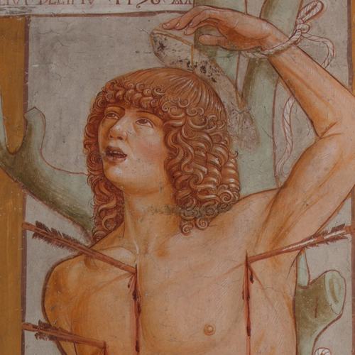 Chiesa di San Leonardo, Gianfrancesco da Tolmezzo, base delsottarco, San Sebastiano, 1496, Provesano