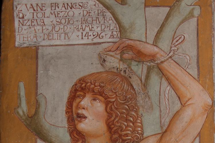Chiesa di San Leonardo, Gianfrancesco da Tolmezzo, San Sebastiano, particolare con la firma dell'autore, 1496, Provesano