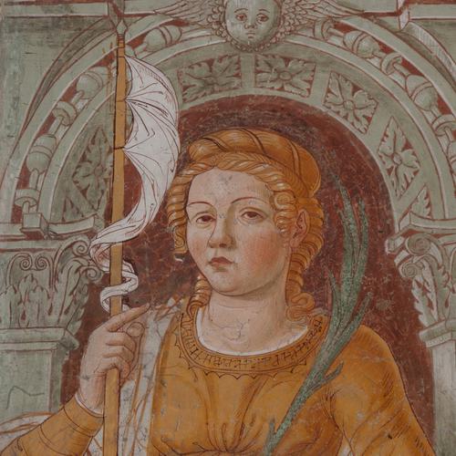 Chiesa di San Leonardo, Gianfrancesco da Tolmezzo, affreschi del sottarco, Sant'Orsola, 1496, Provesano