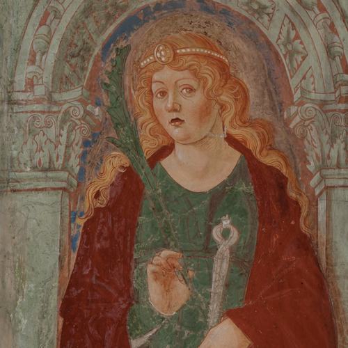 Chiesa di San Leonardo, Gianfrancesco da Tolmezzo, affreschi del sottarco, Santa Apollonia, 1496, Provesano