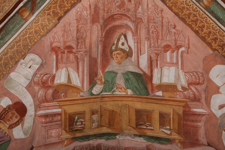 Chiesa di San Leonardo, Gianfrancesco da Tolmezzo, affreschi della volta dell'abside, Dottori della Chiesa, particolare, 1496, Provesano