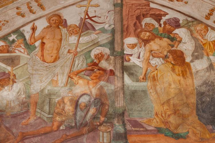 Chiesa di San Leonardo, Gianfrancesco da Tolmezzo, parete sinistra dell'abside, Resurrezione e Deposizione, 1496, Provesano