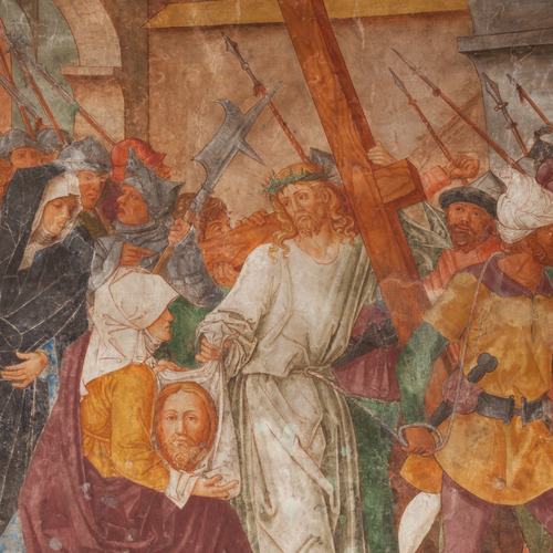 Chiesa di San Leonardo, Gianfrancesco da Tolmezzo, parete sinistra dell'abside, Salita al Calvario, 1496, Provesano