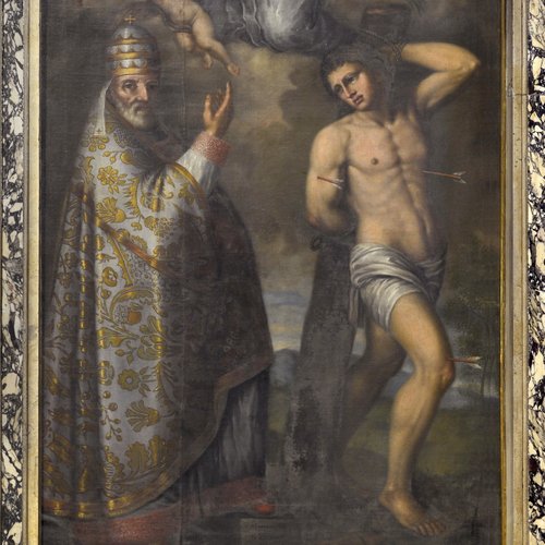 Sebastiano Valvasori, San Valentino in gloria e Santi Nicolò e Sebastiano, 1782, altare di San Valentino, chiesa parrocchiale di San Pietro Apostolo, Azzano Decimo