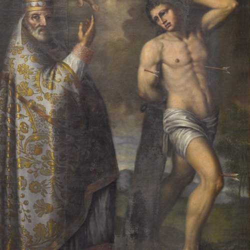 Sebastiano Valvasori, San Valentino in gloria e Santi Nicolò e Sebastiano, 1782, altare di San Valentino, chiesa parrocchiale di San Pietro Apostolo, Azzano Decimo