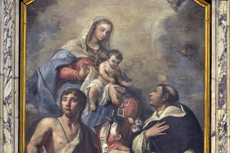 Giuseppe De Gobbis, Madonna del Carmine con il Bambino e i Santi Giovanni Battista e Vincenzo Ferreri, seconda metà del sec. XVIII, altare del Carmine, chiesa parrocchiale di San Pietro Apostolo, Azzano Decimo
